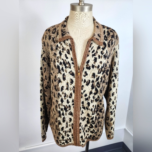 LISA Original Women's Leopard Print Zip Up Knit Jacket Shoulder Pad Cardigan, MD - Picture 1 of 16